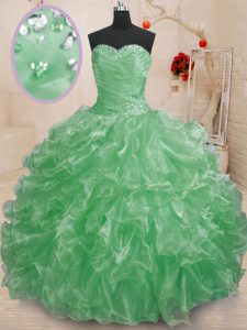 Green Ball Gowns Sweetheart Sleeveless Organza Floor Length Lace Up Beading and Ruffles Vestidos de Quinceanera