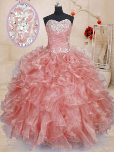Watermelon Red Organza Lace Up Ball Gown Prom Dress Sleeveless Floor Length Beading and Ruffles