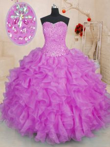Fuchsia Ball Gowns Beading and Ruffles Quinceanera Gown Lace Up Organza Sleeveless Floor Length