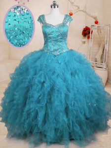Custom Fit Baby Blue Square Lace Up Beading and Ruffles Ball Gown Prom Dress Cap Sleeves