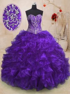 Elegant Purple Lace Up Sweet 16 Dresses Beading and Ruffles Sleeveless With Train Sweep Train