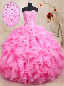 Floor Length Lace Up Sweet 16 Quinceanera Dress Rose Pink for Military Ball and Sweet 16 and Quinceanera with Beading and Ruffles