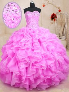 Luxury Ball Gowns Quince Ball Gowns Rose Pink Sweetheart Organza Sleeveless Floor Length Lace Up