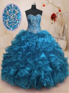 Sweetheart Sleeveless Organza Quince Ball Gowns Beading and Ruffles Sweep Train Lace Up