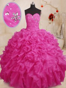 Hot Pink Ball Gowns Sweetheart Sleeveless Organza Floor Length Lace Up Beading and Ruffles Sweet 16 Dresses