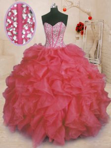 Coral Red Sleeveless Floor Length Beading and Ruffles Lace Up 15th Birthday Dress