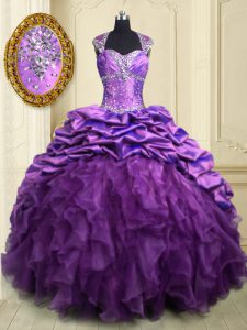 Deluxe Purple Ball Gowns Beading and Ruffles and Pick Ups Quinceanera Dresses Lace Up Organza and Taffeta Cap Sleeves With Train