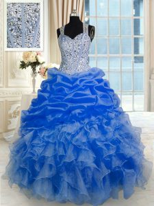 Royal Blue Ball Gowns Beading and Ruffles and Pick Ups Quince Ball Gowns Zipper Organza Sleeveless Floor Length