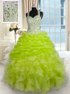 Delicate Yellow Green Sleeveless Beading and Ruffles and Pick Ups Floor Length Quinceanera Dresses