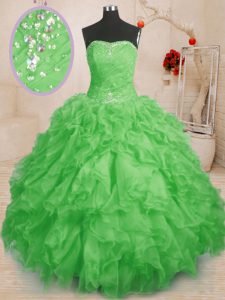 Stylish Ball Gowns Beading and Ruffles and Ruching 15th Birthday Dress Lace Up Organza Sleeveless Floor Length