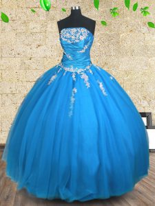 Charming Blue Strapless Neckline Appliques and Ruching Quinceanera Gown Sleeveless Lace Up