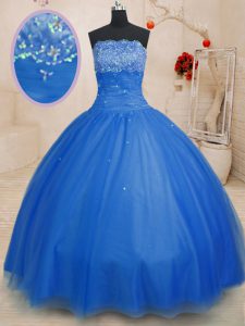 On Sale Floor Length Blue Sweet 16 Quinceanera Dress Strapless Sleeveless Lace Up