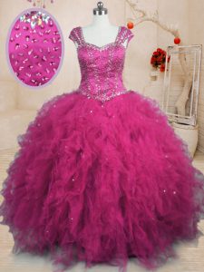 Fuchsia Cap Sleeves Floor Length Beading and Ruffles Lace Up Quinceanera Gowns
