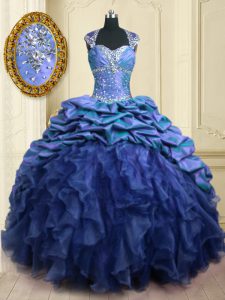 Gorgeous Pick Ups Brush Train Ball Gowns Quinceanera Dress Blue Sweetheart Organza and Taffeta Cap Sleeves With Train Lace Up