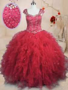 Tulle Square Cap Sleeves Lace Up Beading and Ruffles Quince Ball Gowns in Red
