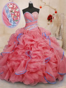 Superior Coral Red Sweetheart Neckline Beading and Ruffles Sweet 16 Dress Sleeveless Lace Up