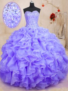 Lavender Lace Up Sweetheart Beading and Ruffles Quinceanera Gowns Organza Sleeveless