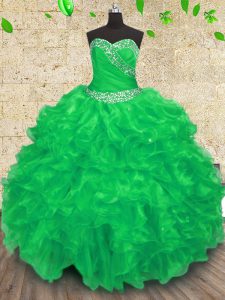 Organza Sweetheart Sleeveless Lace Up Beading and Appliques and Ruffles and Ruching Quinceanera Gowns in Green