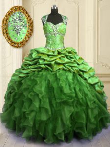 Pick Ups Cap Sleeves Organza and Taffeta Brush Train Lace Up Quinceanera Dress for Military Ball and Sweet 16 and Quinceanera