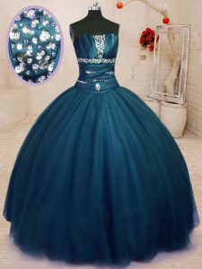 Floor Length Lace Up Vestidos de Quinceanera Navy Blue for Military Ball and Sweet 16 and Quinceanera with Beading