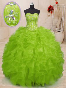 High Class Yellow Green Ball Gowns Organza Sweetheart Sleeveless Beading and Ruffles Floor Length Lace Up Sweet 16 Quinceanera Dress