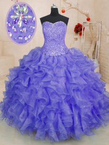 Modest Floor Length Lace Up Quinceanera Dress Lavender for Military Ball and Sweet 16 and Quinceanera with Beading and Ruffles