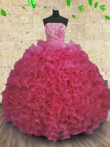 Fashionable Beading and Ruffles Sweet 16 Dress Hot Pink Lace Up Sleeveless Floor Length