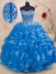 Royal Blue Ball Gowns Beading and Ruffles Sweet 16 Dresses Lace Up Organza Sleeveless Floor Length