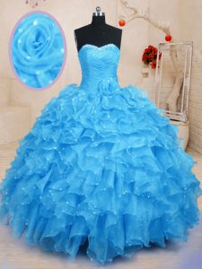 Baby Blue Vestidos de Quinceanera Military Ball and Sweet 16 and Quinceanera with Beading and Ruffles and Hand Made Flower Sweetheart Sleeveless Lace Up