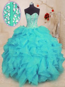 Admirable Aqua Blue Sleeveless Beading and Ruffles Floor Length Quinceanera Gown