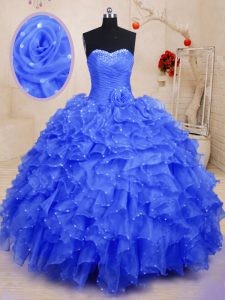 Organza Sleeveless Floor Length 15 Quinceanera Dress and Beading and Ruffles and Hand Made Flower