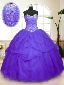 Purple Tulle Lace Up Sweetheart Sleeveless Floor Length Sweet 16 Quinceanera Dress Sequins and Pick Ups
