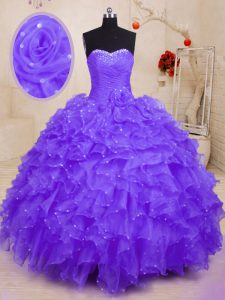 Luxurious Purple Ball Gowns Organza Sweetheart Sleeveless Beading and Ruffles and Hand Made Flower Floor Length Lace Up Vestidos de Quinceanera