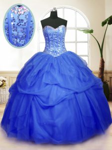 Sleeveless Floor Length Sequins and Pick Ups Lace Up Quinceanera Gown with Blue