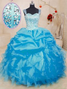 Shining Baby Blue Ball Gowns Straps Sleeveless Organza Floor Length Lace Up Beading and Ruffles and Pick Ups Vestidos de Quinceanera
