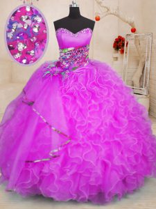Admirable Sweetheart Sleeveless Quinceanera Gowns Floor Length Beading and Ruffles Fuchsia Organza