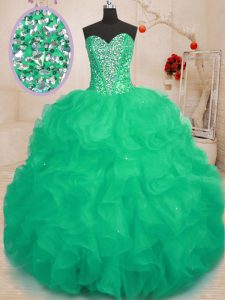 Excellent Green Lace Up Sweetheart Beading and Ruffles Quinceanera Dresses Organza Sleeveless