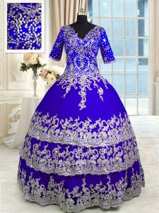 Glamorous Ruffled Ball Gowns Quinceanera Dresses Blue V-neck Satin and Tulle Half Sleeves Floor Length Zipper