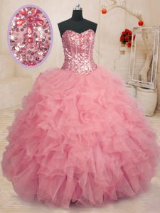 Fashion Sweetheart Sleeveless Lace Up Sweet 16 Dresses Baby Pink Organza