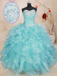 Extravagant Organza Sweetheart Sleeveless Lace Up Beading and Ruffles Sweet 16 Quinceanera Dress in Blue