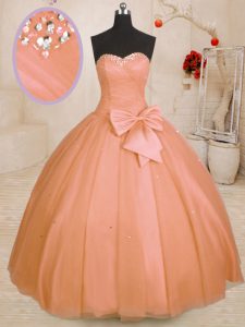 Orange Ball Gowns Tulle Sweetheart Sleeveless Beading and Bowknot Floor Length Lace Up Quinceanera Dresses