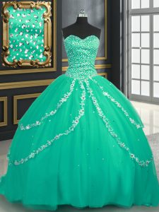Turquoise Tulle Lace Up Sweet 16 Dress Sleeveless With Brush Train Beading and Appliques
