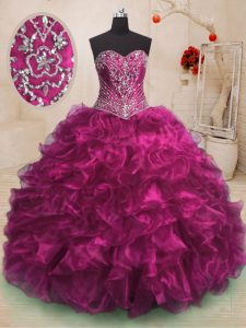 Beading and Ruffles Quince Ball Gowns Fuchsia Lace Up Sleeveless With Train Sweep Train