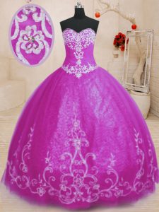 Fuchsia Ball Gowns Tulle Sweetheart Sleeveless Beading and Embroidery Floor Length Lace Up 15th Birthday Dress