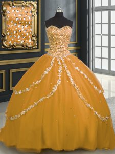 Sweetheart Sleeveless Quinceanera Dresses With Brush Train Beading and Appliques Gold Tulle