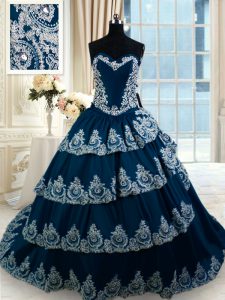 With Train Lace Up Vestidos de Quinceanera Navy Blue for Military Ball and Sweet 16 and Quinceanera with Beading and Appliques and Ruffled Layers Court Train