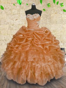 Flare Orange Ball Gowns Organza Sweetheart Sleeveless Beading and Appliques and Ruffles and Sequins Floor Length Lace Up Vestidos de Quinceanera