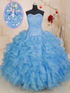 Stylish Blue Lace Up Sweetheart Beading and Ruffles Quinceanera Gowns Organza Sleeveless