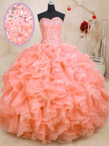 Customized Beading and Ruffles Quince Ball Gowns Pink Lace Up Sleeveless Floor Length