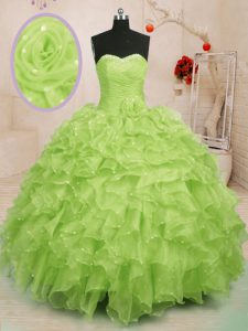 Lovely Sleeveless Beading and Ruffles and Hand Made Flower Lace Up 15 Quinceanera Dress